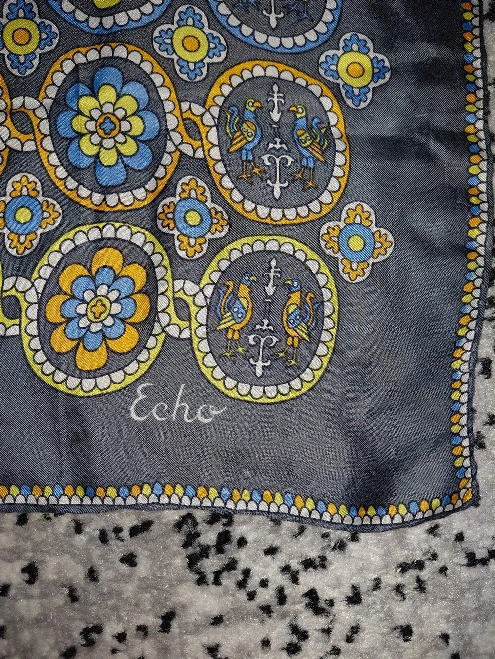Vintage Echo 100% Silk Scarf Gray Blue Yellow Floral Bird Medallion Retro CC